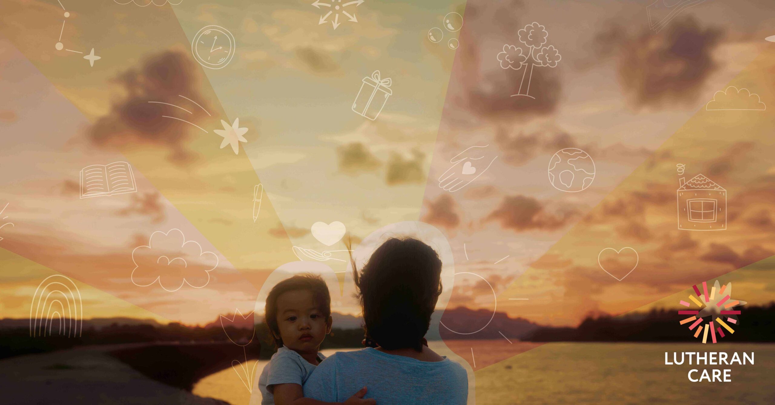 A woman and her child watch the sunrise over a lake. The Lutheran Care logo appears in the bottom right hand corner.