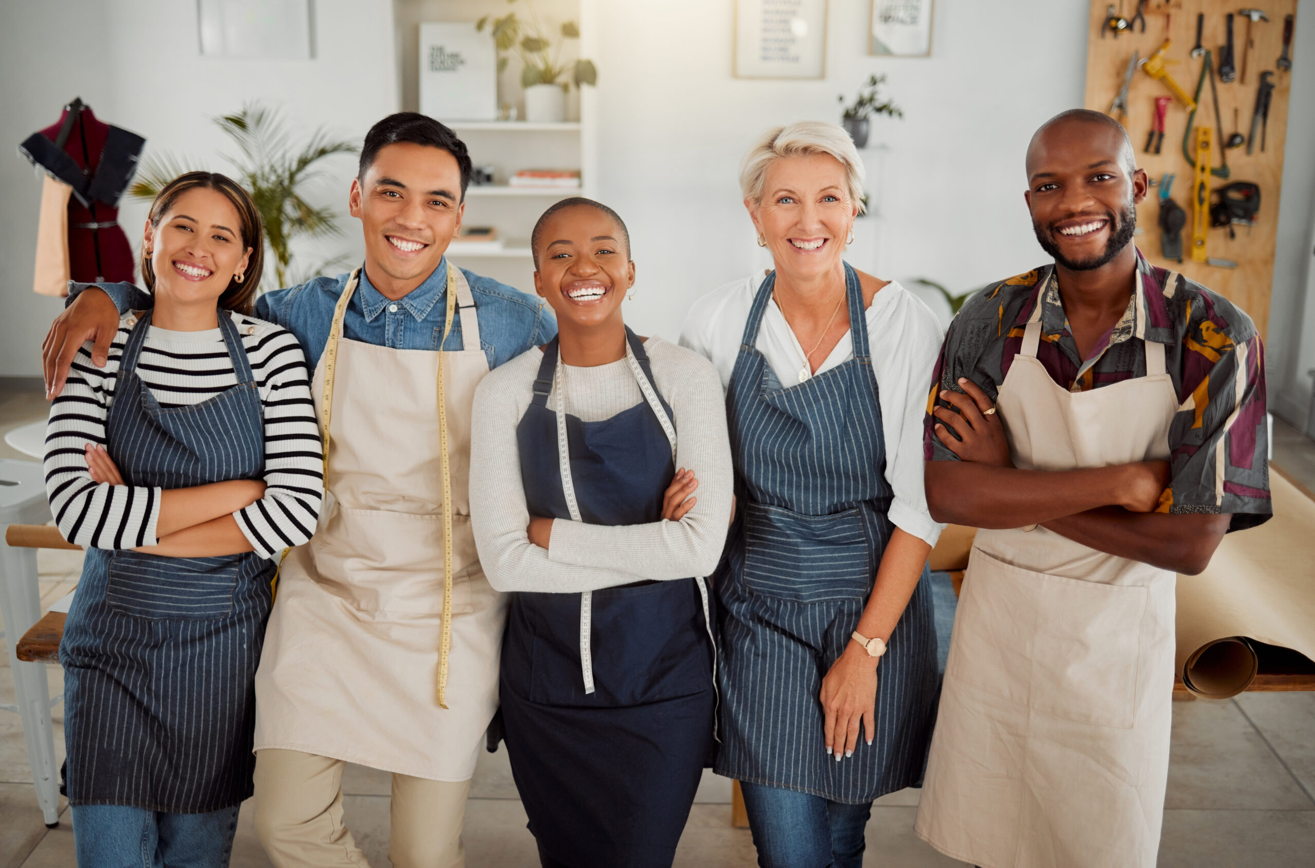 Group of retail workers standing together smilling.