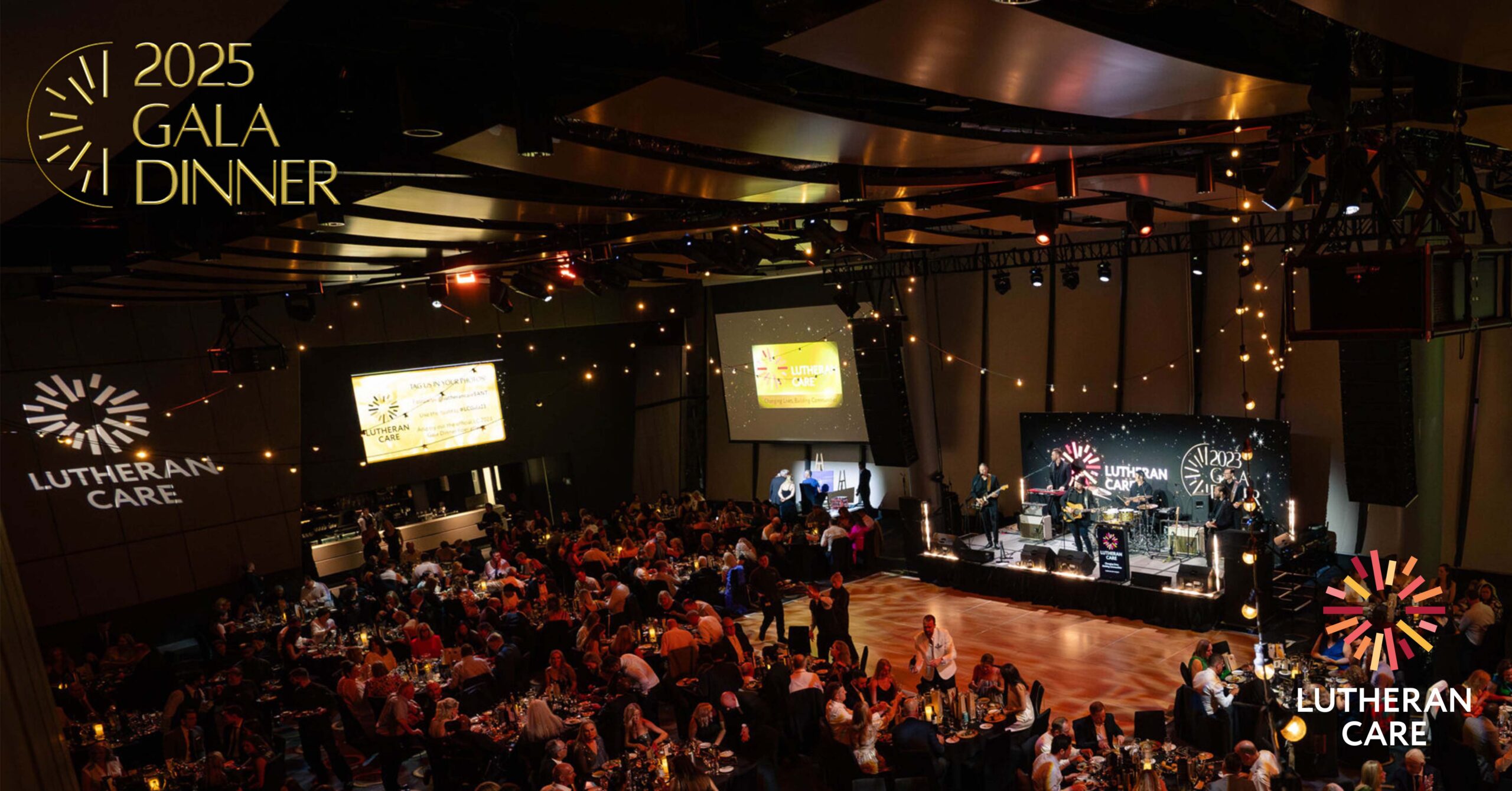 Image of full tables in a room at a previous gala dinner. The top hand corner text reads 2025 Gala Dinner and the Lutheran Care logo appears in the bottom right hand corner.